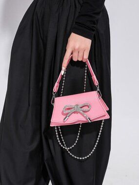Pink Mini Leather Bag With Metal Chain & Rhinestone